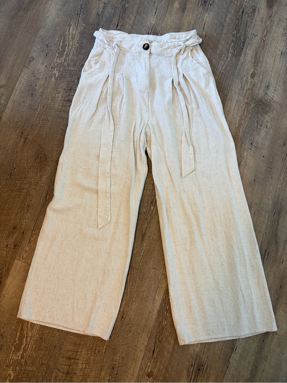 Lulus Cream Linen Blend High Rise Wide Leg Tie Waist Pants Size M